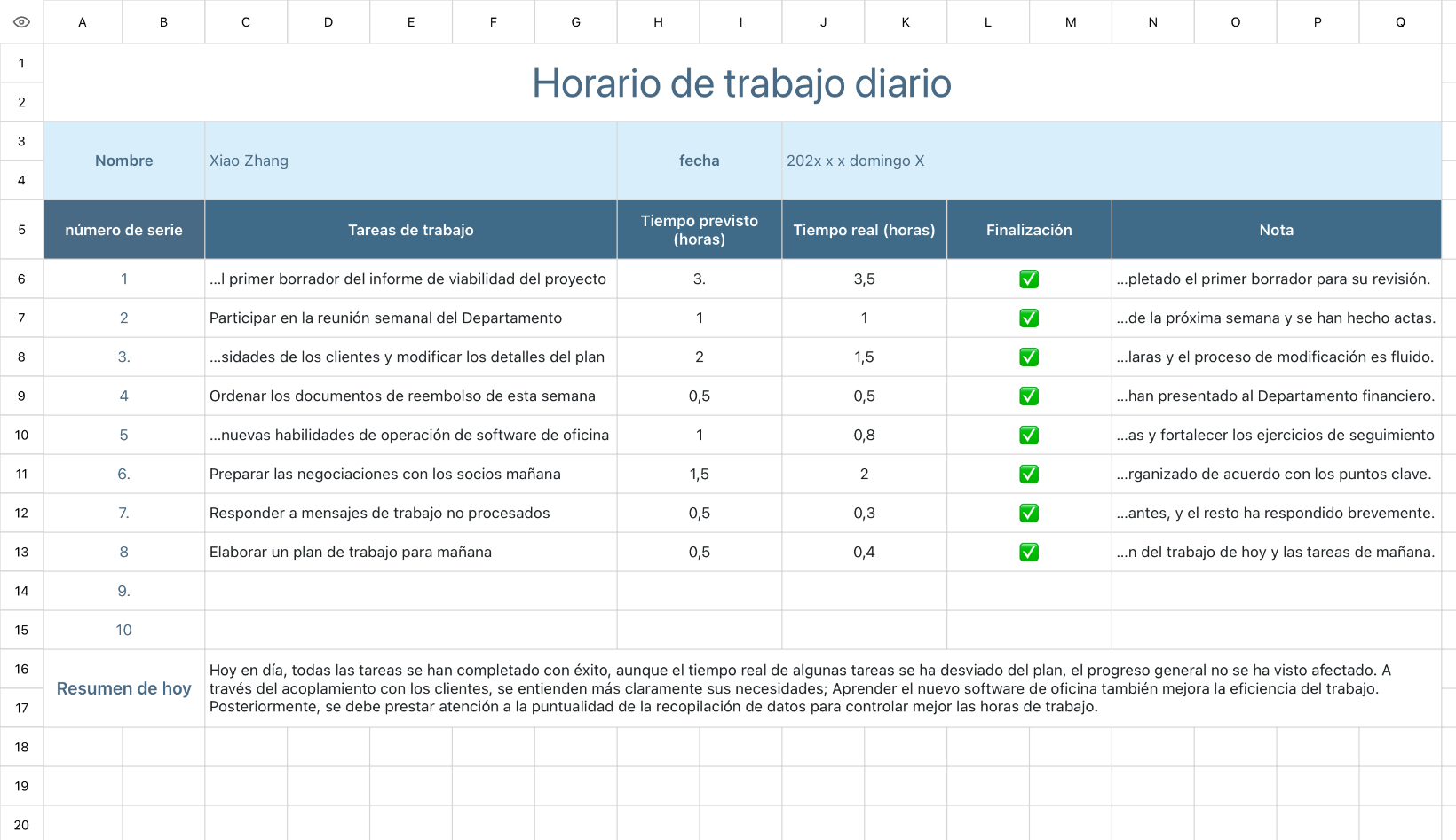 Horario de trabajo diario